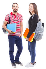 Students with backpack and notebooks standing on white backgroun