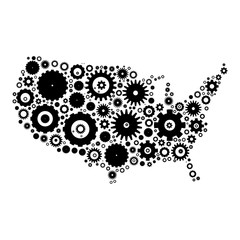 United States od America map silhouette mosaic of cogs and gears. Black vector illustration on white background.