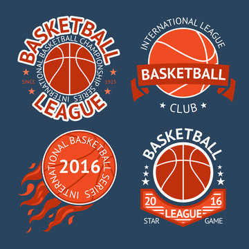 Set of basketball labels with balls and ribbons. Vector