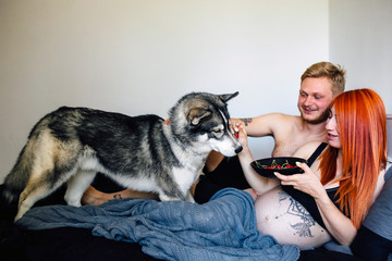 Pregnant woman, man and dog lying on a bed