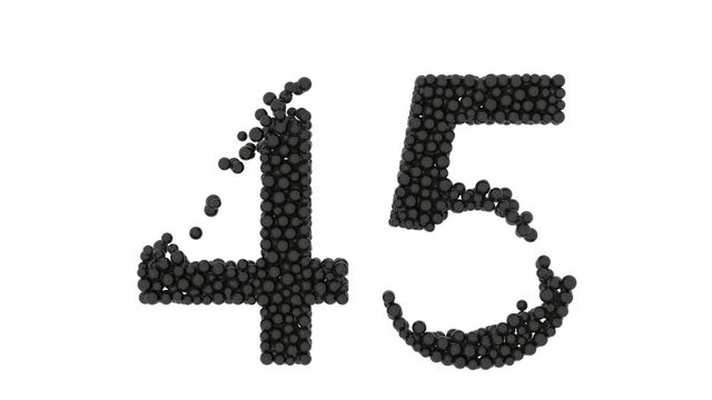 Number 45 in a decorative black font formed of closely packed small black balls with partial irregularities, on white
