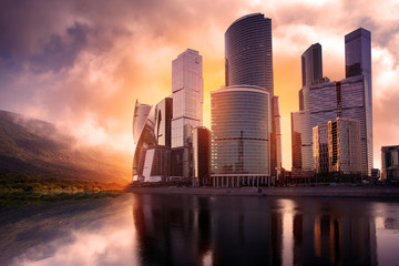 Skyscrapers utopia new modern city. Reflection in water - obrazy, fototapety, plakaty