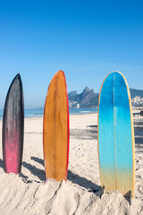 Surfboards in bright sun on the Ipanema beach, Rio de Janeiro, Brazil