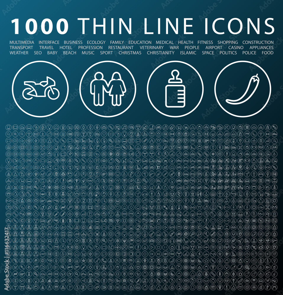 Poster set of 1000 isolated minimal modern simple elegant white icons on circular buttons on color backgrou