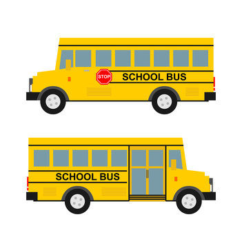 school bus in flat style side view isolated on white background