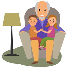 grandchildrens and granddad on the sofa