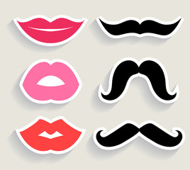 Set of lips and mustaches. Vector illustration.