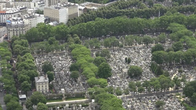 Aerial Shot Beautiful Cemetery In Paris, 60fps. The Montparnasse Tower Panoramic Observation Deck has the most beautiful view of Paris.