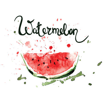 Slice of watermelon/Watercolor illustration with splashes and blots