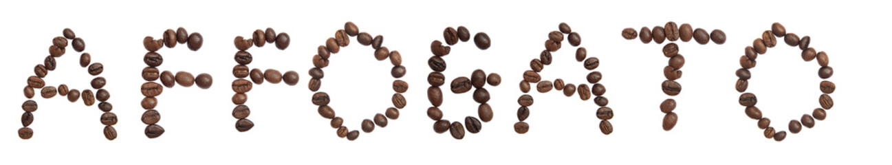 Isolated Word 'AFFOGATO' make from coffee bean on white backgrou