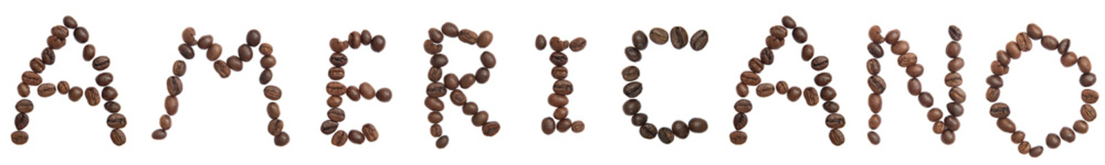 Isolated Word 'AMERICANO' make from coffee bean on white backgro