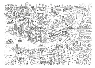 Doodle town. Map drawn by hand. Vector. Isolated.