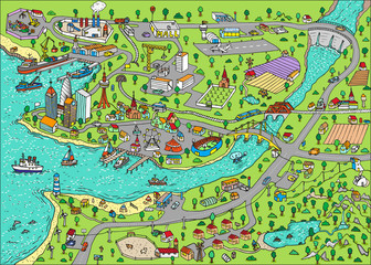 Doodle town. Map drawn by hand. Vector. Isolated.