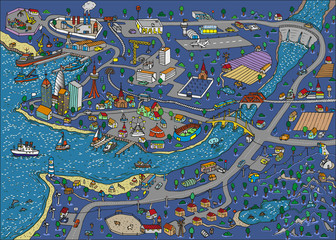 Doodle town at night. Map. Isolated.