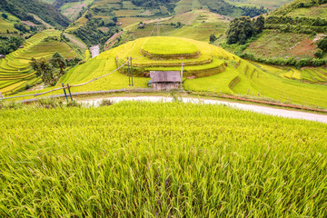 beautiful landscape view of rice terraces and house in Mu cang c