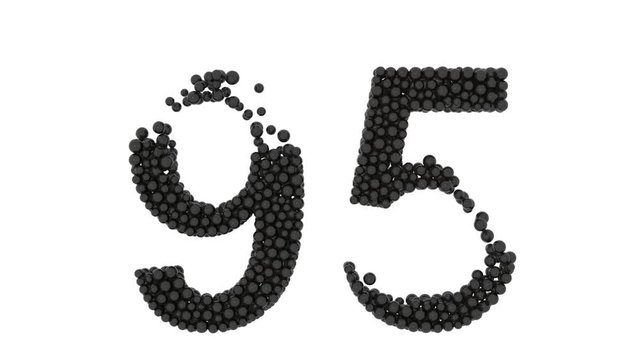 Ornamental number 95 composed of multiple closely packed small black balls with an irregular edge isolated on white
