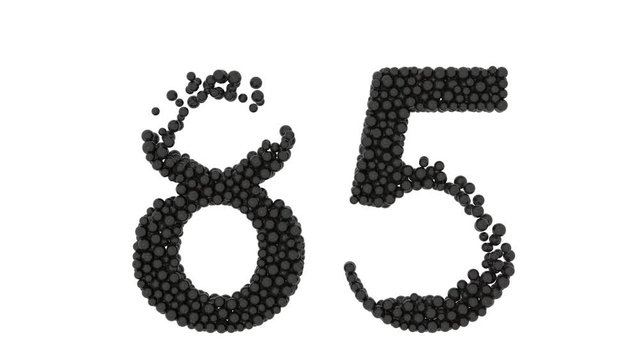 Number 85 formed of small dense black spheres with some irregularities on a white background for use as a design element