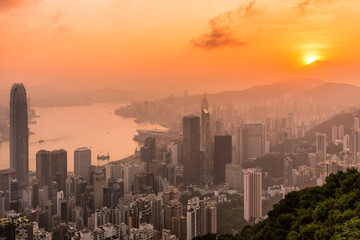 Beautiful colorful Sunrise over Victoria Harbor as viewed a top