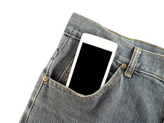 smartphone with blank screen in blue jeans front pocket isolated on white