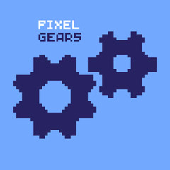 Pixel gears, cogwheels, pixelated illustration. - Stock vector