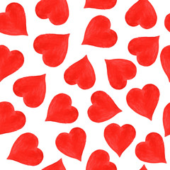 Watercolor seamless pattern with red hearts isolated on white background