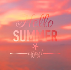 Summer card with sunset back and designed text.