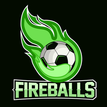 Flying soccer ball with green fire flames on dark background. Design element. Vintage item. Modern professional logo for sport team