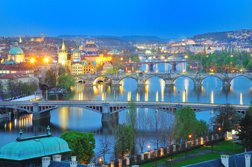 Prague,view of Bridges across Vltava river in evening