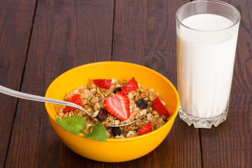 muesli with strawberries, apple