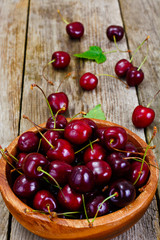 Fresh Cherry in Wooden Bowl