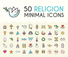 Set of 50 Minimalistic Solid Religion Icons. Isolated Vector Elements.