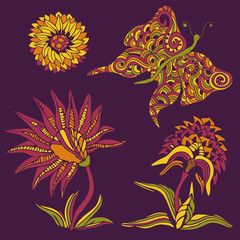Fototapeta na wymiar Flowers,sunflower and butterfly. Hand drawn isolated icon set. Vector illustration.