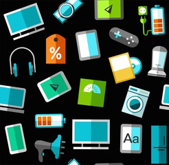 Gadgets and consumer electronics, black background, seamless. 