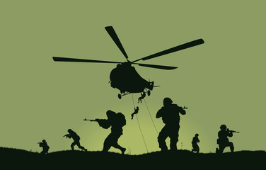 Illustratie, de soldaten die gaan aanvallen en helikopters.