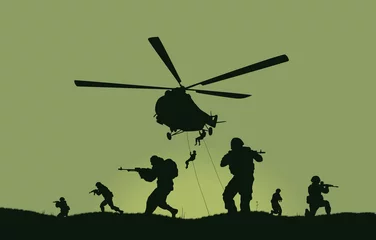 Fototapete Jungenzimmer Illustration, die Soldaten, die angreifen und Hubschrauber.