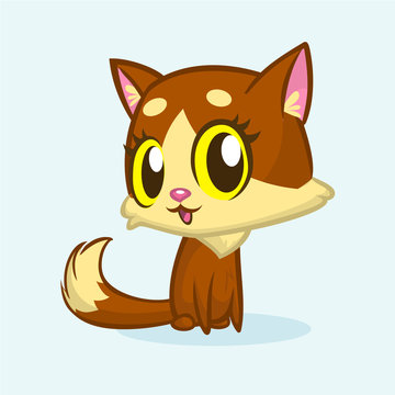 Brown cute kitty with green eyes and fluffy tail sitting. Vector cartoon cat illustration or icon