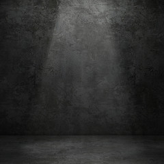 Grungy concrete wall and stone floor room with volume light as background