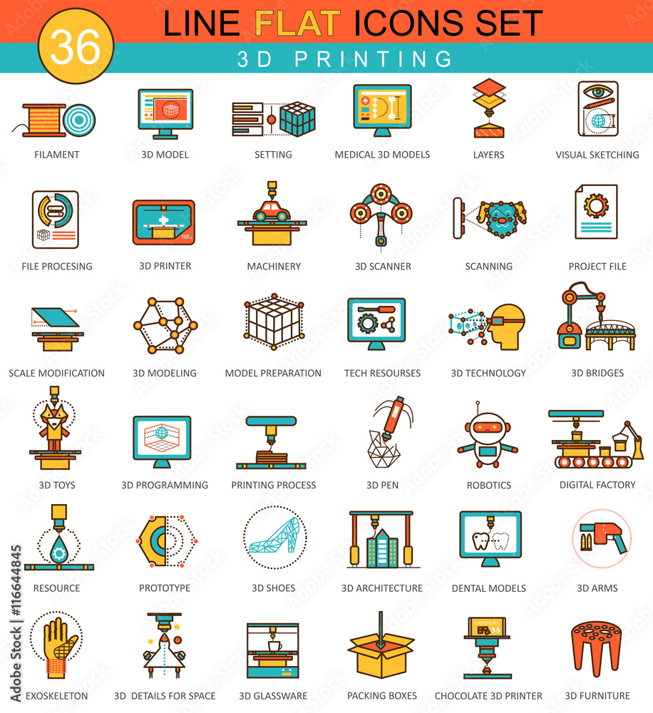 Poster Vector 3D printing modeling flat line icon set. Modern elegant style design for web.