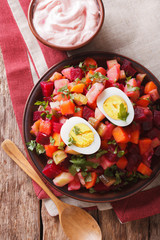 Finnish rosolli vegetable salad and sauce close-up. Vertical top view
