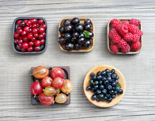 Raspberry, Bilberry, Gooseberry, Cranberry and Currant. Harvest Concept. Top view, high resolution product.