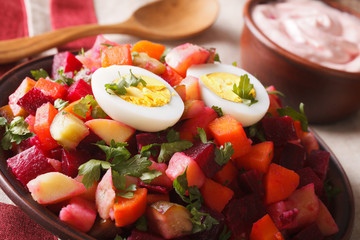 Finnish rosolli vegetable salad and sauce close-up. horizontal
