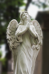 Vintage image of a sad angel on a cemetery against the backgroun