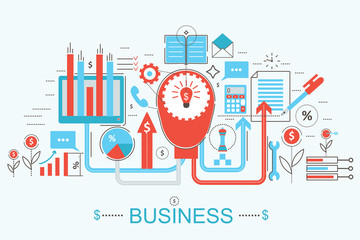 Naklejka premium Modern Flat thin Line design Finance and business concept for web banner website, presentation, flyer and poster.
