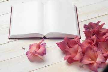 Open book on light table. The flower on a background of book. Back to school. Copy space