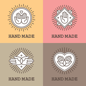 Set of four outline labels and emblems with hands for handmade, massage or charity design concept