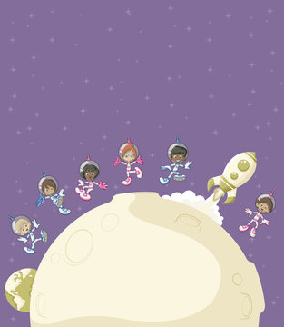 Astronaut cartoon children flying around and moon in purple space background.
