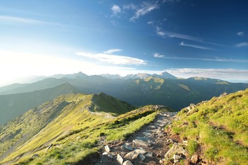 Naklejka premium Trail among the peaks in the Carpathian Mountains during sunrise