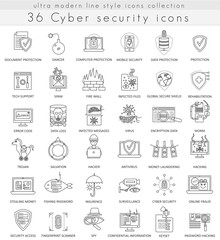 Vector Cyber security technology ultra modern outline line icons for web and apps.