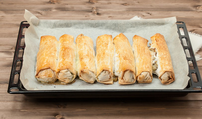 Spinach Feta Rolls. Traditional Greek Vegetarian Phylo Dough Pas