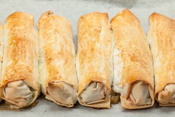 Spinach Feta Rolls. Traditional Greek Vegetarian Phylo Dough Pas